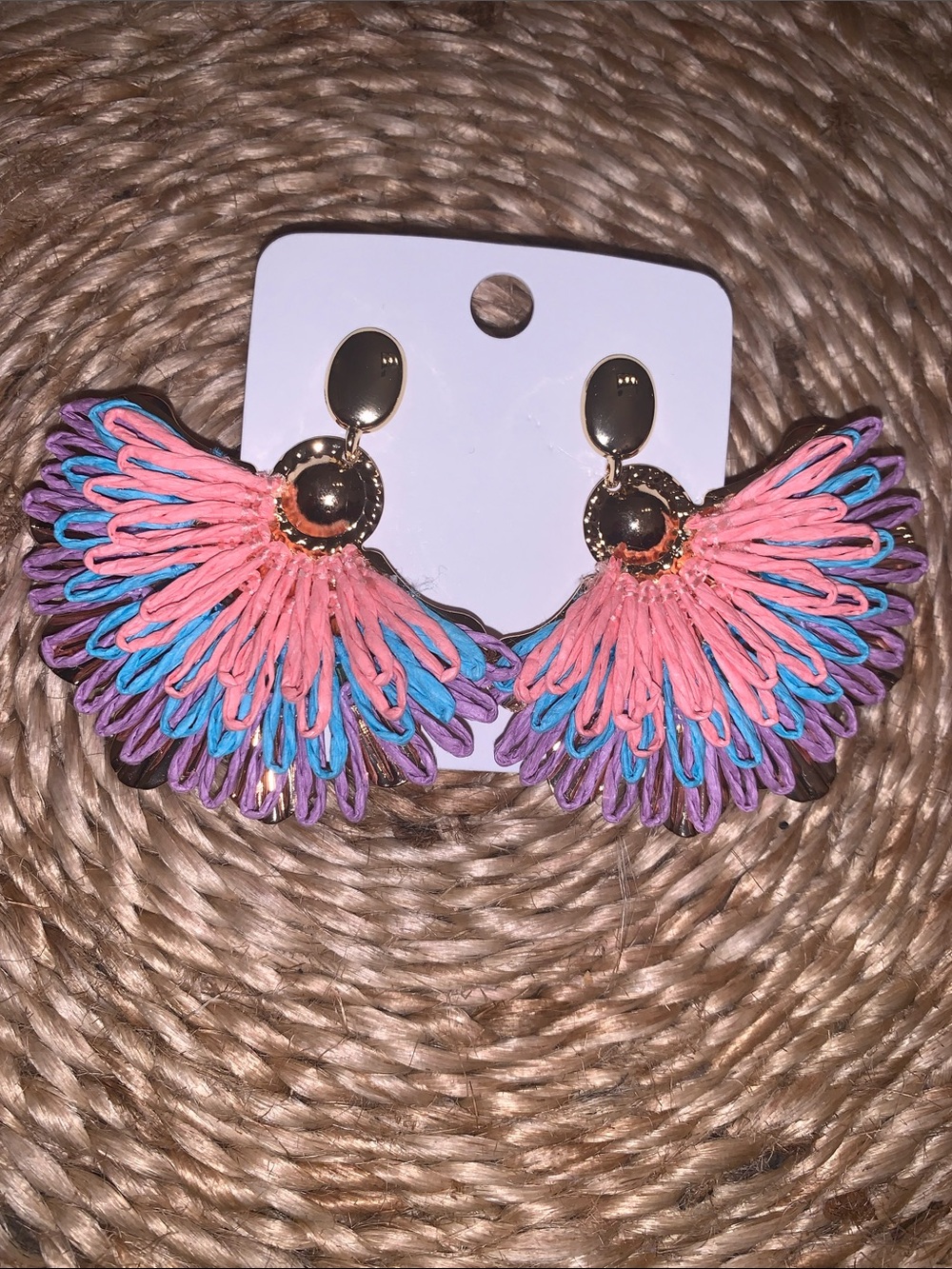 Statement earrings- gold, pink, blue and purple accents for pierced ears